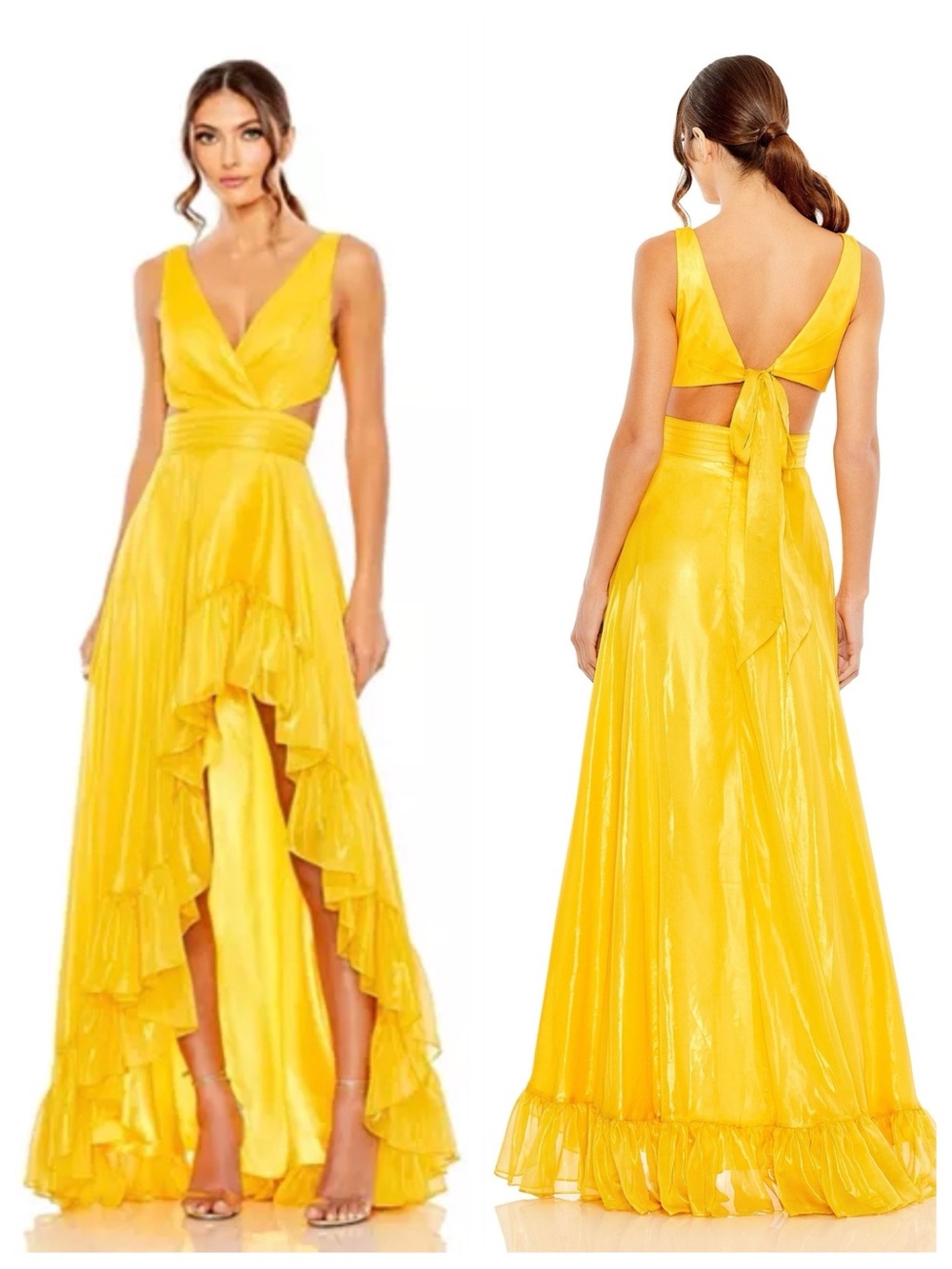 Ieena Mac Duggal | 49526 Marigold Yellow Cut Out High Low Ruffle Gown | 4 | NWT